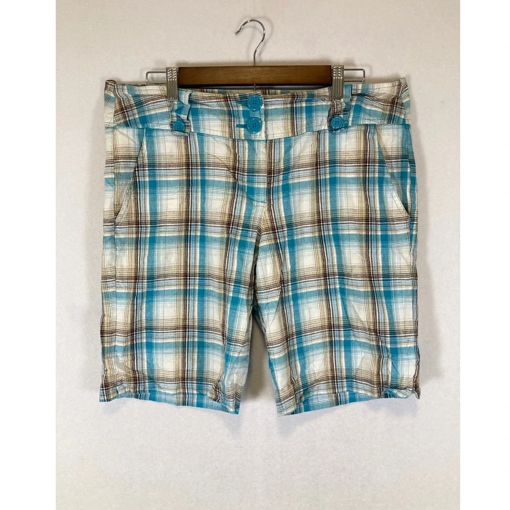 Y2K Coastal Bugle Boy For Her XL Turquoise Brown Plaid Cotton Blend Shorts